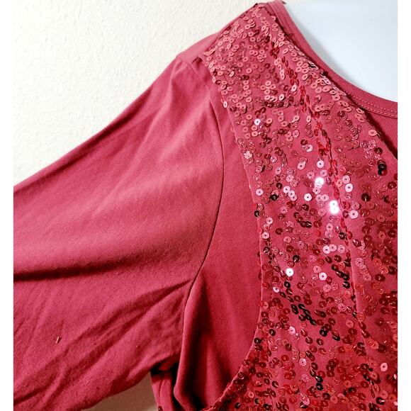Denim 24/7 Red Brownish 2 In 1 Sequin Round Neck Top 1X Lightweight Stretch Soft - Picture 2 of 7